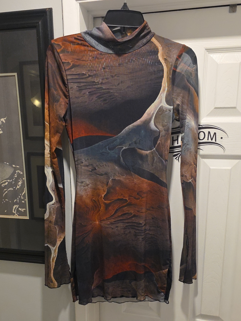 Long Sleeve Marble Print Turtleneck Dress- Brown/Black